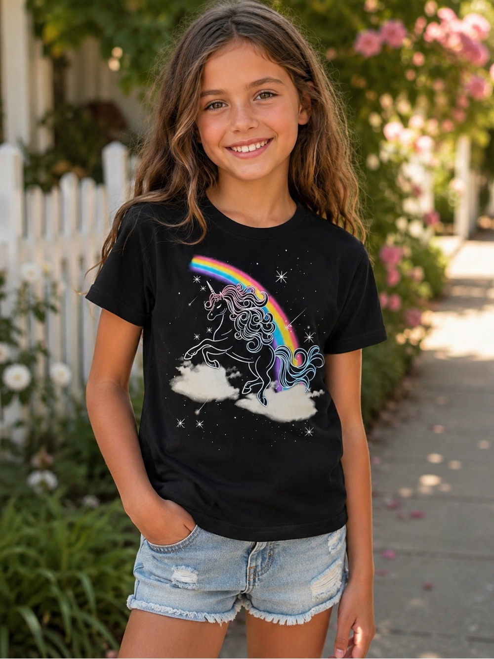 The Children's Place Black Tee with Rainbow Unicorn 🦄
